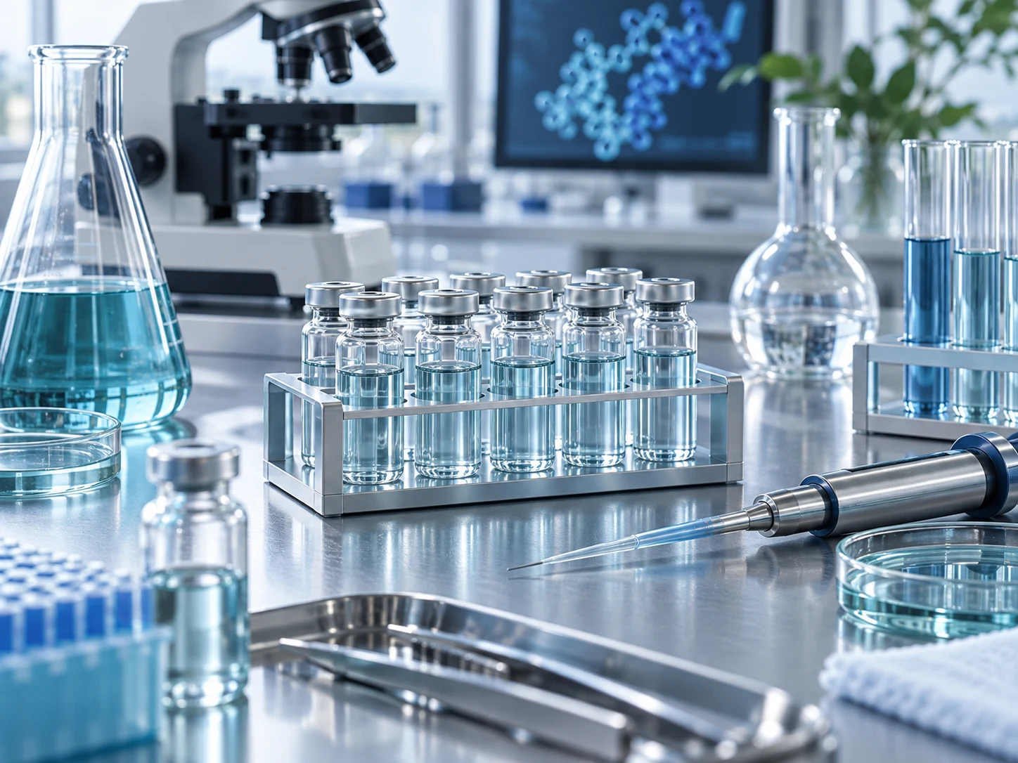 Onderzoekslaboratorium met glaswerk en injectieflacons